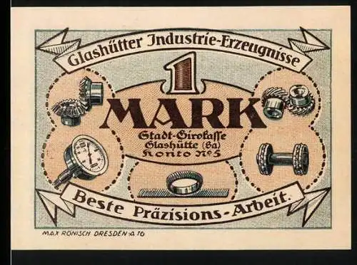 Notgeld Glashütte, 1921, 1 Mark, Glashütter Industrie-Erzeugnisse, Beste Präzisions-Arbeit, Taschenuhr