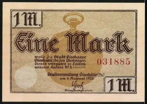 Notgeld Glashütte, 1921, 1 Mark, Glashütter Industrie-Erzeugnisse, Beste Präzisions-Arbeit, Taschenuhr