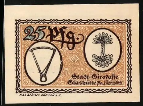 Notgeld Glashütte, 1921, 25 Pf, mit Werkzeug und Stadtwappen, Seriennummer 011916