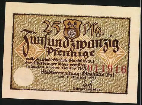 Notgeld Glashütte, 1921, 25 Pf, mit Werkzeug und Stadtwappen, Seriennummer 011916