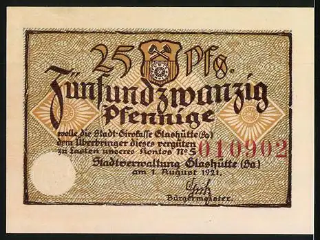 Notgeld Glashütte 1921, 25 Pfennig, Sei es Uhr sei es Maschine alle Arbeit aus Glashütte