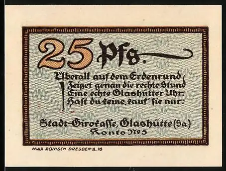 Notgeld Glashütte, 1921, 25 Pfennig, Stadt-Girokasse und Stadtverwaltung Glashütte (Sa.)