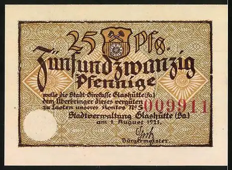 Notgeld Glashütte, 1921, 25 Pfennig, Stadt-Girokasse und Stadtverwaltung Glashütte (Sa.)