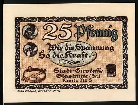Notgeld Glashütte 1921, 25 Pfennig, Stadt-Girokasse Konto Nr. 5