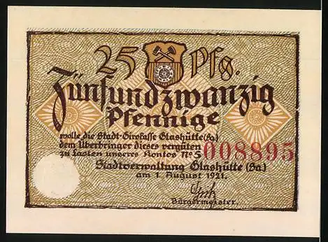 Notgeld Glashütte 1921, 25 Pfennig, Stadt-Girokasse Konto Nr. 5