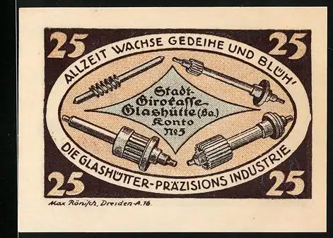 Notgeld Glashütte (Sa.) 1921, 25 Pfennig, Stadt Glashütte Präzisions-Industrie-Motive, Seriennummer 007889