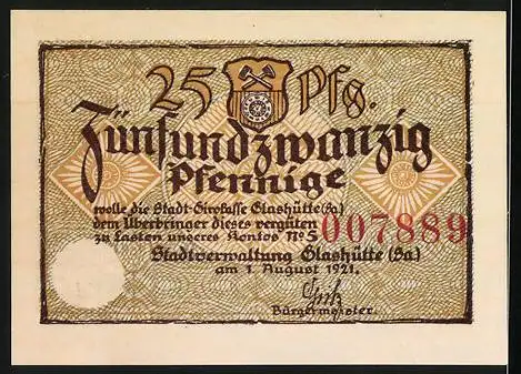 Notgeld Glashütte (Sa.) 1921, 25 Pfennig, Stadt Glashütte Präzisions-Industrie-Motive, Seriennummer 007889