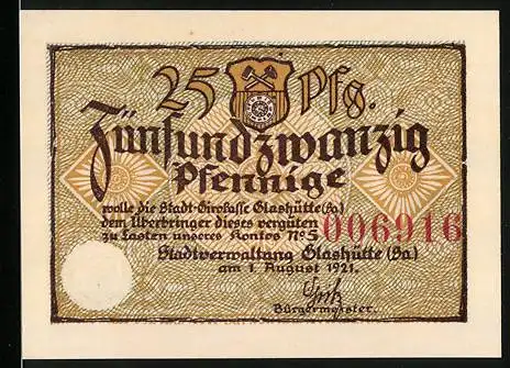 Notgeld Glashütte 1921, 25 Pfennig, Stadtverwaltung und Sternwarte Illustration