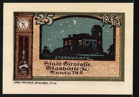 Notgeld Glashütte 1921, 25 Pfennig, Stadtverwaltung und Sternwarte Illustration