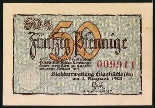 Notgeld Glashütte 1921, 50 Pfennig, Deutsche Uhrmacherschule und Seriennummer 009911