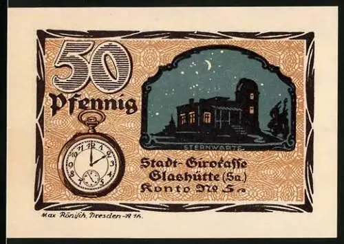 Notgeld Glashütte, 1921, 50 Pfennig, Sternwarte und Taschenuhr