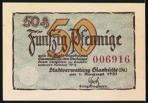 Notgeld Glashütte, 1921, 50 Pfennig, Sternwarte und Taschenuhr