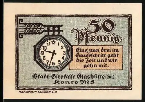 Notgeld Glashütte 1921, 50 Pfennig, Stadt-Girokasse und Stadtkasse Glashütte mit Uhr und Seriennummer 010901