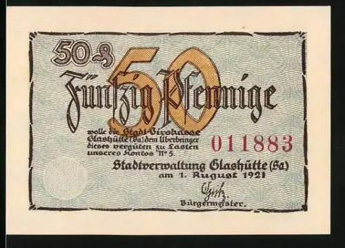 Notgeld Glashütte 1921, 50 Pfennig, Stadtverwaltung Glashütte (Sa) Konto No 5, Uhr und Stempel Motive