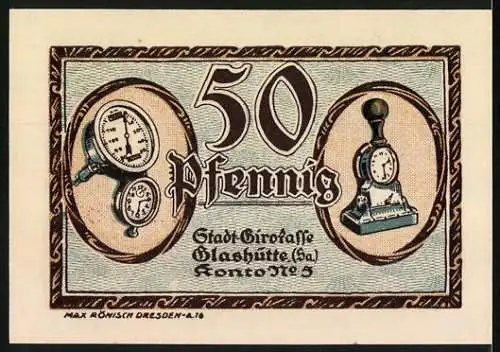 Notgeld Glashütte 1921, 50 Pfennig, Stadtverwaltung Glashütte (Sa) Konto No 5, Uhr und Stempel Motive