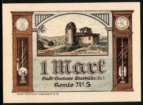 Notgeld Glashütte 1921, 1 Mark, Stadt-Girokasse mit Abbildung der Sternwarte und Taschenuhr