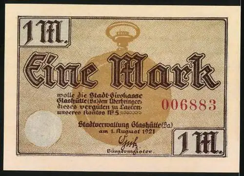 Notgeld Glashütte 1921, 1 Mark, Stadt-Girokasse mit Abbildung der Sternwarte und Taschenuhr