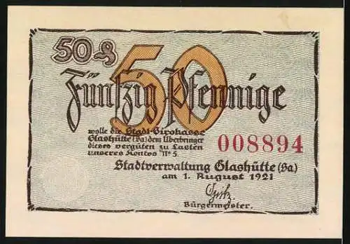 Notgeld Glashütte, 1921, 50 Pfennig, Rathaus und Taschenuhr, Seriennummer 008894