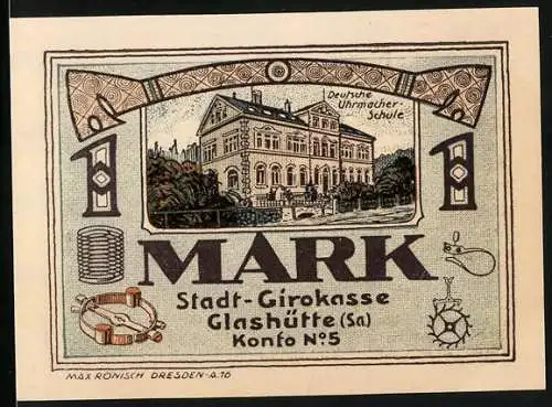 Notgeld Glashütte 1921, 1 Mark, Deutsche Uhrmacherschule und Taschenuhr Design