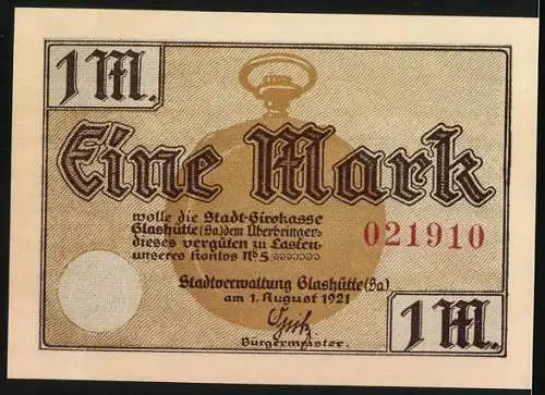 Notgeld Glashütte 1921, 1 Mark, Deutsche Uhrmacherschule und Taschenuhr Design