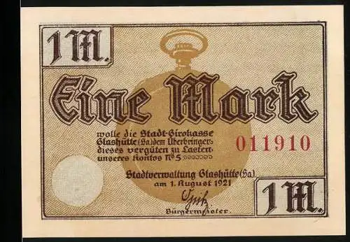 Notgeld Glashütte 1921, 1 Mark, Stadt-Sparkasse mit Stadtansicht und Konto Nr. 5