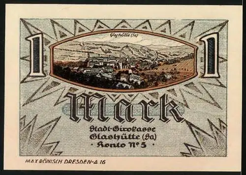 Notgeld Glashütte 1921, 1 Mark, Stadt-Sparkasse mit Stadtansicht und Konto Nr. 5