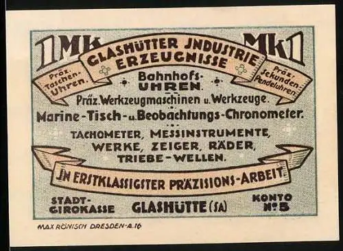 Notgeld Glashütte 1921, 1 Mark, Glashütter Industrie Erzeugnisse und Stadt-Girokasse Glashütte