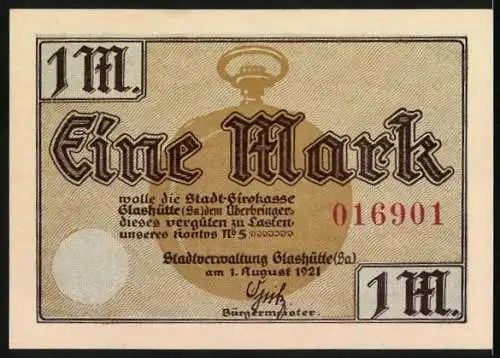 Notgeld Glashütte 1921, 1 Mark, Glashütter Industrie Erzeugnisse und Stadt-Girokasse Glashütte