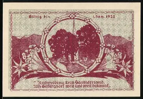 Notgeld Ruhpolding, 1921, 50 Pfennig, Gutschein der Gemeinde Ruhpolding mit Landschaftsmotiv und Ornamenten