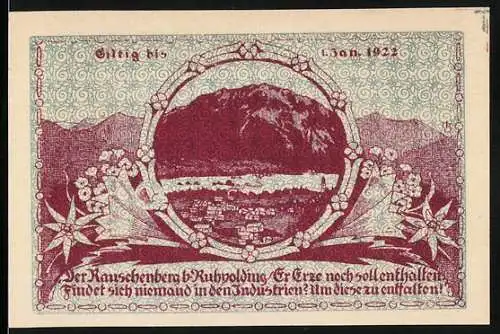 Notgeld Ruhpolding, 1921, 50 Pfennig, Landschaft mit Bergen und Text, Ornamente mit Blumenmuster