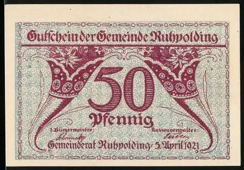 Notgeld Ruhpolding 1921, 50 Pfennig, dekorative Verzierung und Landschaftsmotiv