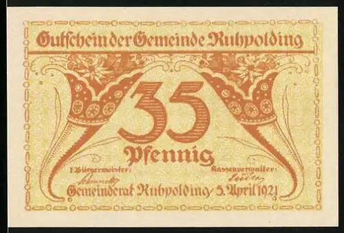 Notgeld Ruhpolding 1921, 35 Pfennig, Landschaft mit Alm und Wald, gültig bis 1. Jan. 1922