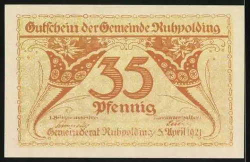 Notgeld Ruhpolding, 1921, 35 Pfennig, Kirche mit Berglandschaft und Verzierungen