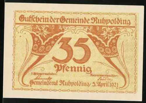 Notgeld Ruhpolding 1921, 35 Pfennig, Ziermuster mit Landschaft und Text auf Vorder- und Rückseite