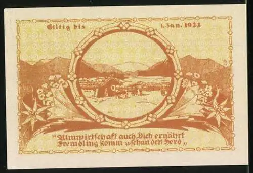 Notgeld Ruhpolding 1921, 35 Pfennig, Ziermuster mit Landschaft und Text auf Vorder- und Rückseite