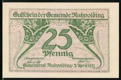 Notgeld Ruhpolding, 1921, 25 Pfennig, Gutschein der Gemeinde mit Kreuz-Motiv und Gedicht