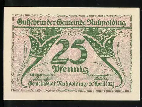 Notgeld Ruhpolding 1921, 25 Pfennig, Gutschein der Gemeinde mit Wappen und Landschaft