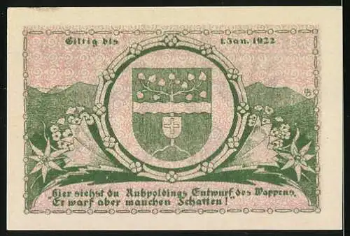 Notgeld Ruhpolding 1921, 25 Pfennig, Gutschein der Gemeinde mit Wappen und Landschaft