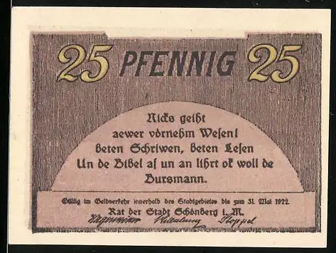 Notgeld Schönberg 1922, 25 Pfennig, Reutergeld, Stadt im Lande Ratzeburg, gültig bis 31. Mai 1922