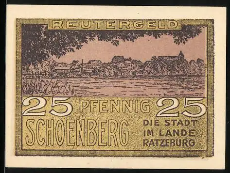 Notgeld Schönberg, 1922, 25 Pfennig, Reutergeld mit Stadtansicht und Spruch