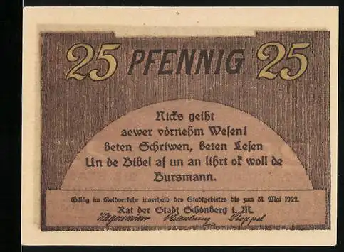 Notgeld Schönberg 1922, 25 Pfennig, Reutergeld mit Stadtansicht und regionalem Spruch