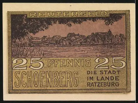 Notgeld Schönberg 1922, 25 Pfennig, Reutergeld mit Stadtansicht und regionalem Spruch