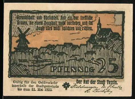 Notgeld Tessin, 1922, 25 Pfennig, Illustration von Stadtansicht und Gebäude