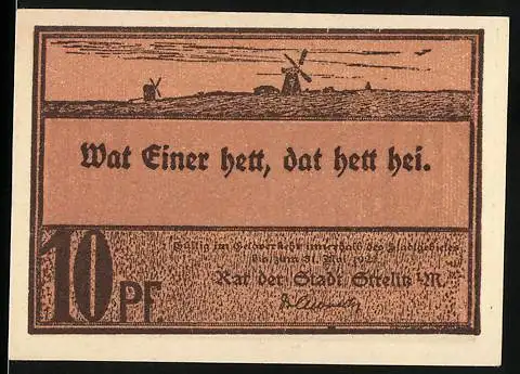 Notgeld Strelitz i.M., 10 Pf, Stadtansicht und Windmühlen, Reutergeld der Stadt