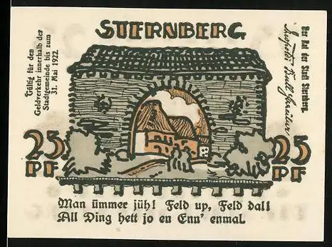 Notgeld Sternberg, 1922, 25 Pfennig, Gebäude und Stadtansicht mit plattdeutschem Text