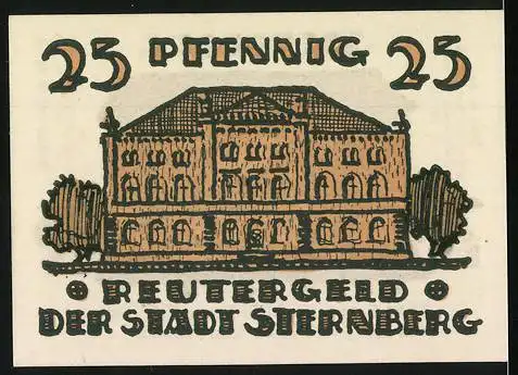 Notgeld Sternberg, 1922, 25 Pfennig, Gebäude und Stadtansicht mit plattdeutschem Text