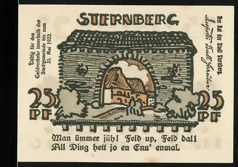 Notgeld Sternberg, 1922, 25 Pfennig, Illustration eines Gebäudes und Stadtansicht durch Torbogen