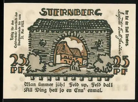 Notgeld Sternberg, 1922, 25 Pfennig, Stadtansicht mit Tor und Gebäude