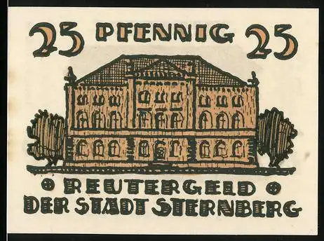 Notgeld Sternberg, 25 Pfennig, Reutergeld der Stadt Sternberg mit historischen Gebäuden und plattdeutschem Spruch