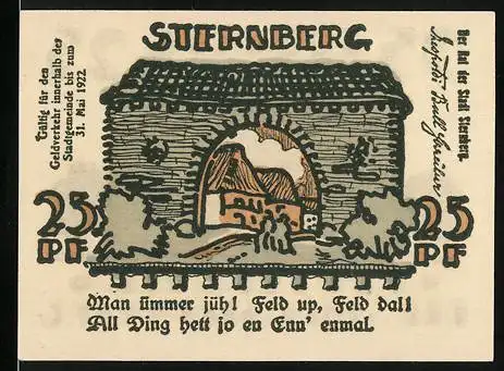 Notgeld Sternberg, 1922, 25 Pf, Stadttor und Gebäude mit Bäumen